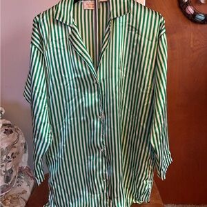 Victoria's Secret Green & White Striped Satin Button-Up Nightgown